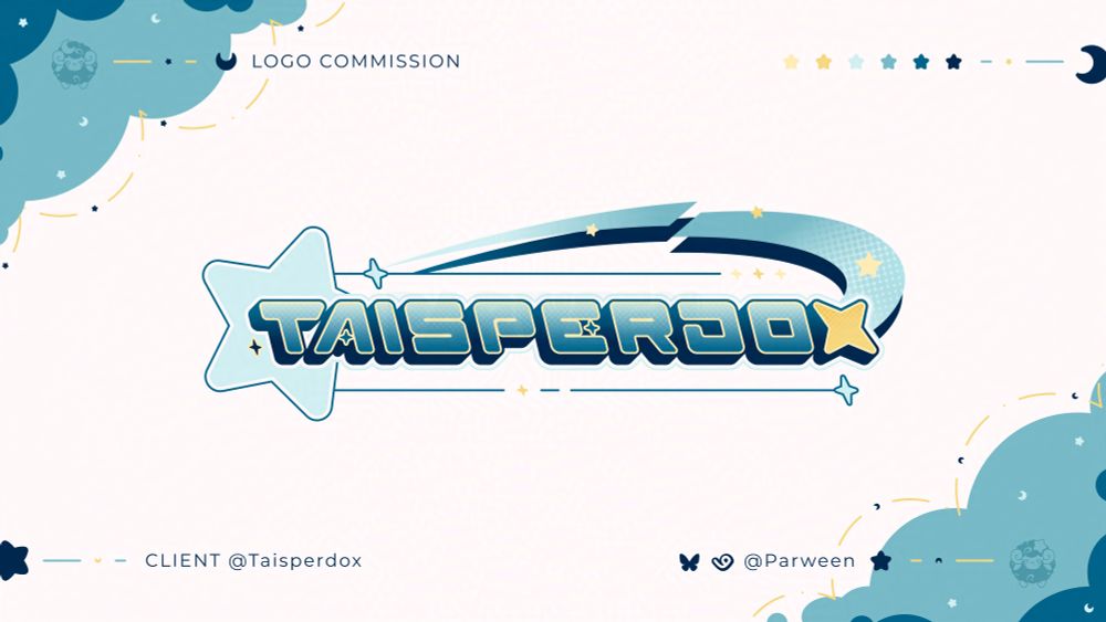 A Y2K inspired logo that says 'Taisperdox'. The text is colored in a light blue to blue gradient and has a dark blue shadow that makes it 3D.
There is a giant light blue star behind the 'TA', and there is a light blue swoosh connecting the yellow 'X' to the 'I'. There are small yellow four and five pointed star accents all over.