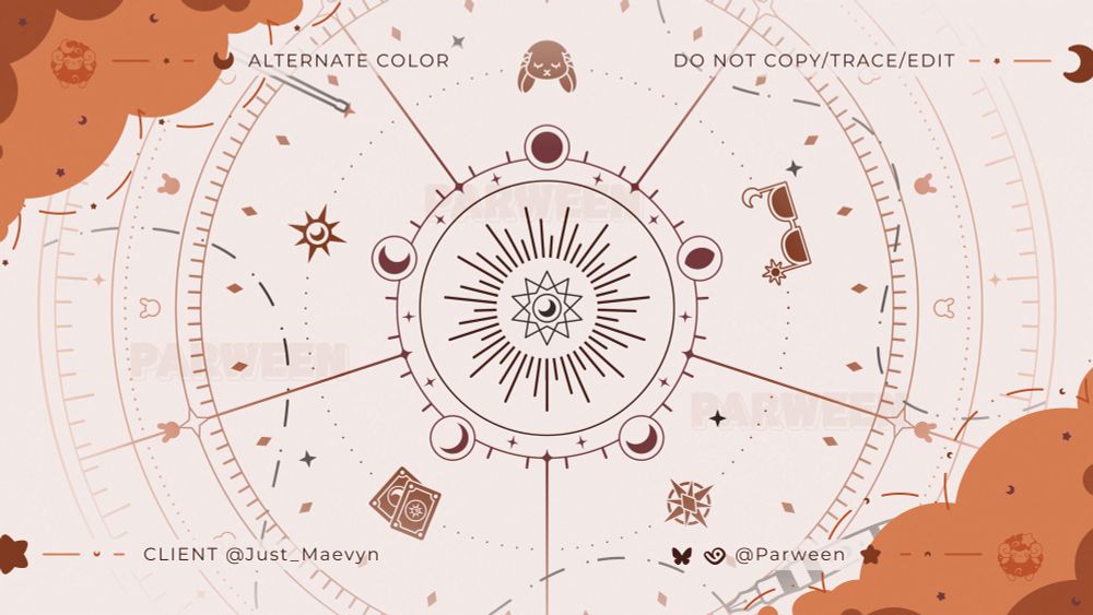 A pattern with a cream background made to look like a magical circle/map/charting the stars. The colors range from several shades of brown, maroon and range. It starts with a dark brown decagram in the middle with rays shooting out in a circle in different sizes. Followed by a ring with the phases of the moon. The next ring cuts the chart into five sections. Each section has a bunny, glasses, compass star, tarot cards, or a star in the middle. After that the rings have lines of measurement like a ruler. Across the pattern are cut up dark brown lines as if it was marked by the fountain pen drawing shown on the bottom right.
