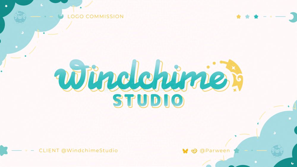 This alt text is the same as the previous image only that it contains no boxes at the bottom.
A logo that reads "WINDCHIME" at the top and "STUDIO" at the bottom. The main colors are teal, yellow, and light blue. There is a yellow outline following the text like a shadow. To the far right there is a yellow curved windchime.
