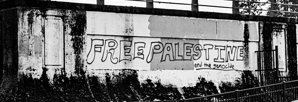 a black & white photo of graffiti reading "FREE PALESTINE" in large bubble letter, with "end the genocide" in smaller letter below 