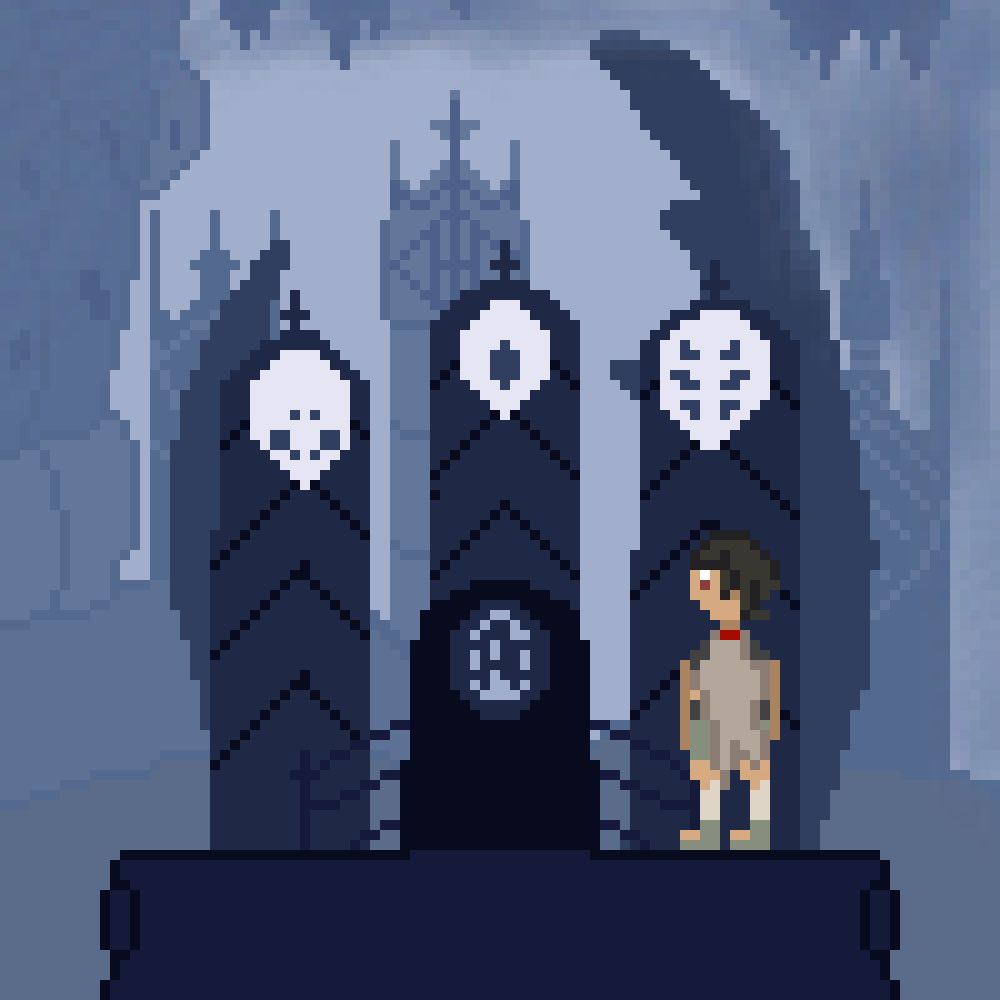 Pixel art of Lorekeeper Zinnia from Pokemon ORAS (woman with light-tan skin, brown eyes, black hair and a beige cape) standing in front of the Dreamer Monument, located in the Resting Grounds (a primarily blueish-grey area) from Hollow Knight. The monument consists of a tablet in front of three pillars, each pillar having the masklike face of one of the three Dreamers (Monomon, Lurien, and Herrah).