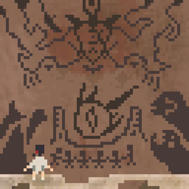 Pixel art piece of a segment of the Sky Pillar mural in Pokemon ORAS. The top half of the section shows a representation of Mega Rayquaza, while the bottom half shows, from left to right, Kyogre, the meteoroid impact that would form the crater of Sootopolis City, and Groudon.
