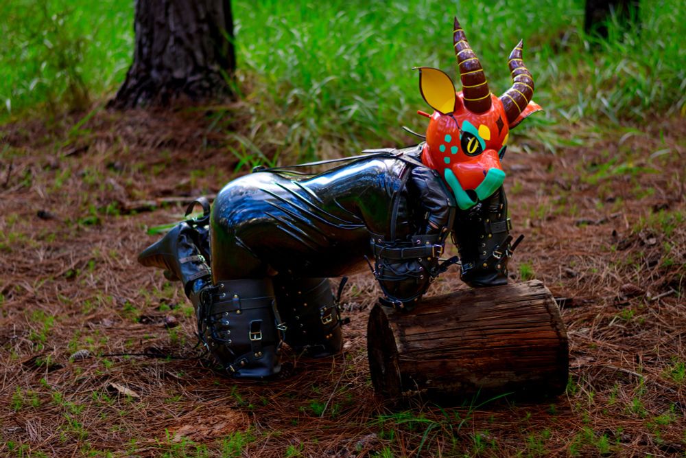 Person in a catsuit and leather bitchsuit wearing a derg hood with their arms on a stump