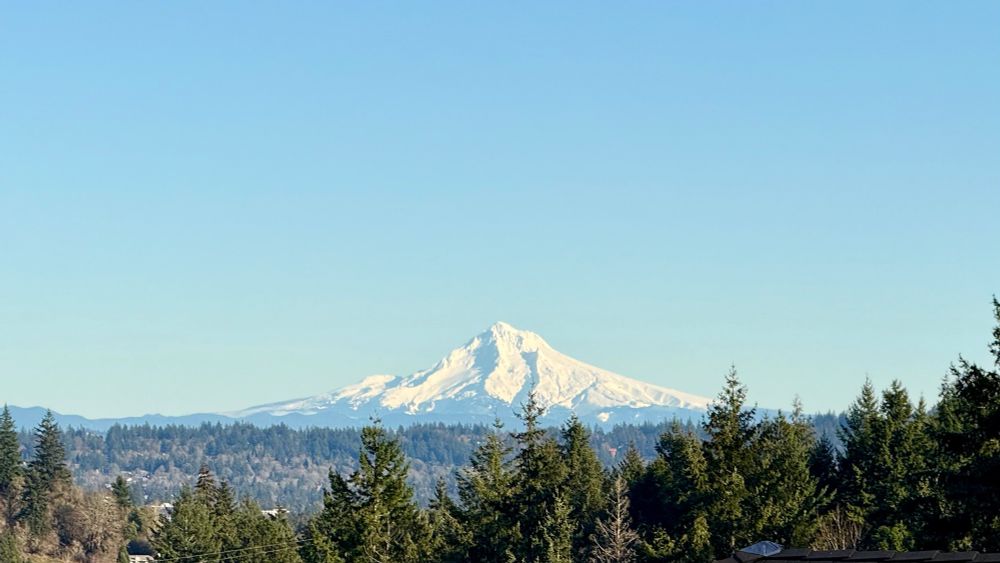 A snow-covered Mount Hood in the distance. 