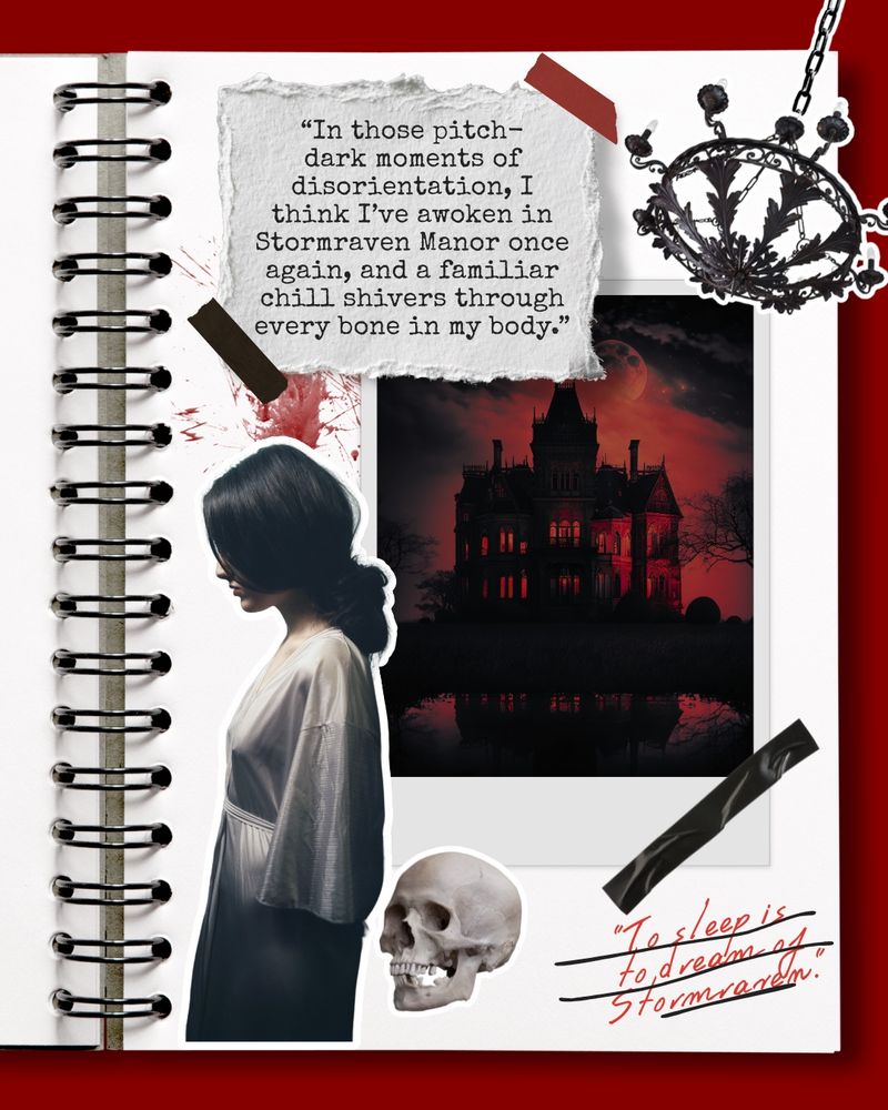 Graphic showing an open sketchbook page featuring an aesthetic for Stormraven by Kelsea Yu: a red and black photo of a gothic mansion, a dark-haired woman dressed in white looking to one side, a skull, a black chandelier, and two quotes. The first reads: “In those pitch-dark moments of disorientation, I think I’ve awoken in Stormraven Manor once again, and a familiar chill shivers through every bone in my body.” The second reads: “To sleep is to dream of Stormraven.”