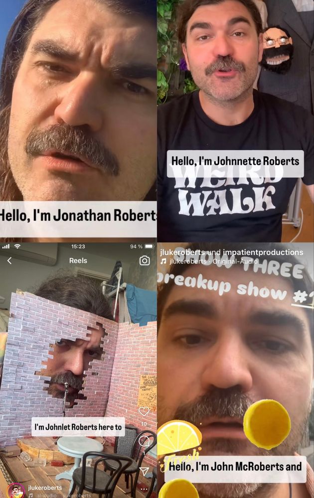 Instagram reels screenshots of John Luke Roberts.
The subtitles on the first say 'Hello, I'm Jonathan Roberts'
On the second: 'Hello, I'm Johnette Roberts'
The third: 'I'm Johnlet Roberts here to'
And the fourth: 'Hello, I'm John McRoberts'