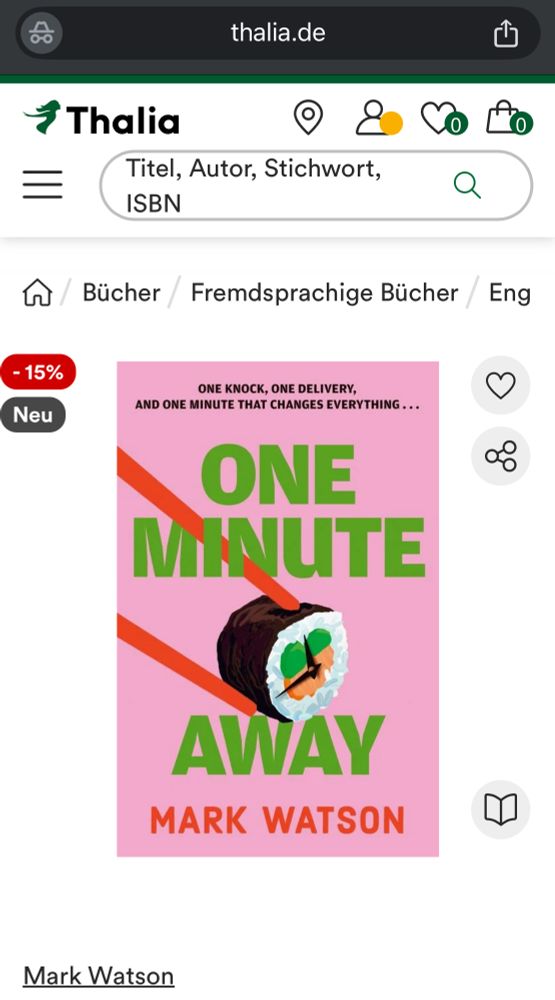 Screenshot of the webpage of a German bookstore. Cover of One Minute Away by Mark Watson. Next to it two little flags one saying 'new' the other '-15%'