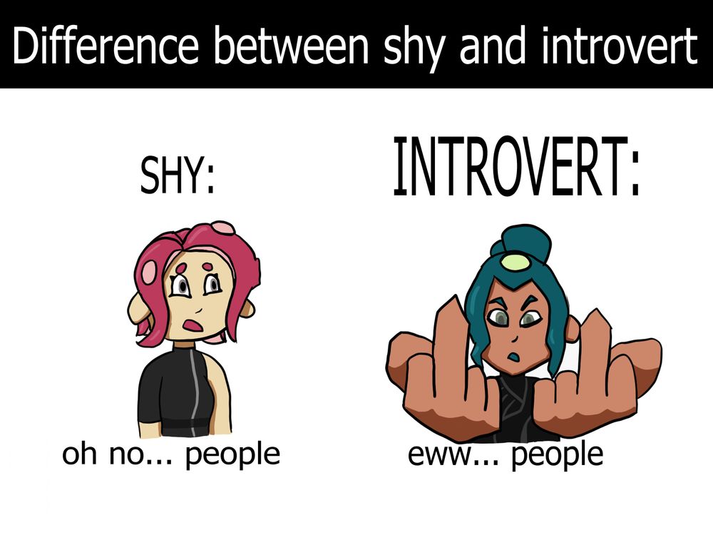 The difference between shy and introverted:

Shy (Aria): "oh no... people:

Introvert (Thorrent): eww... people