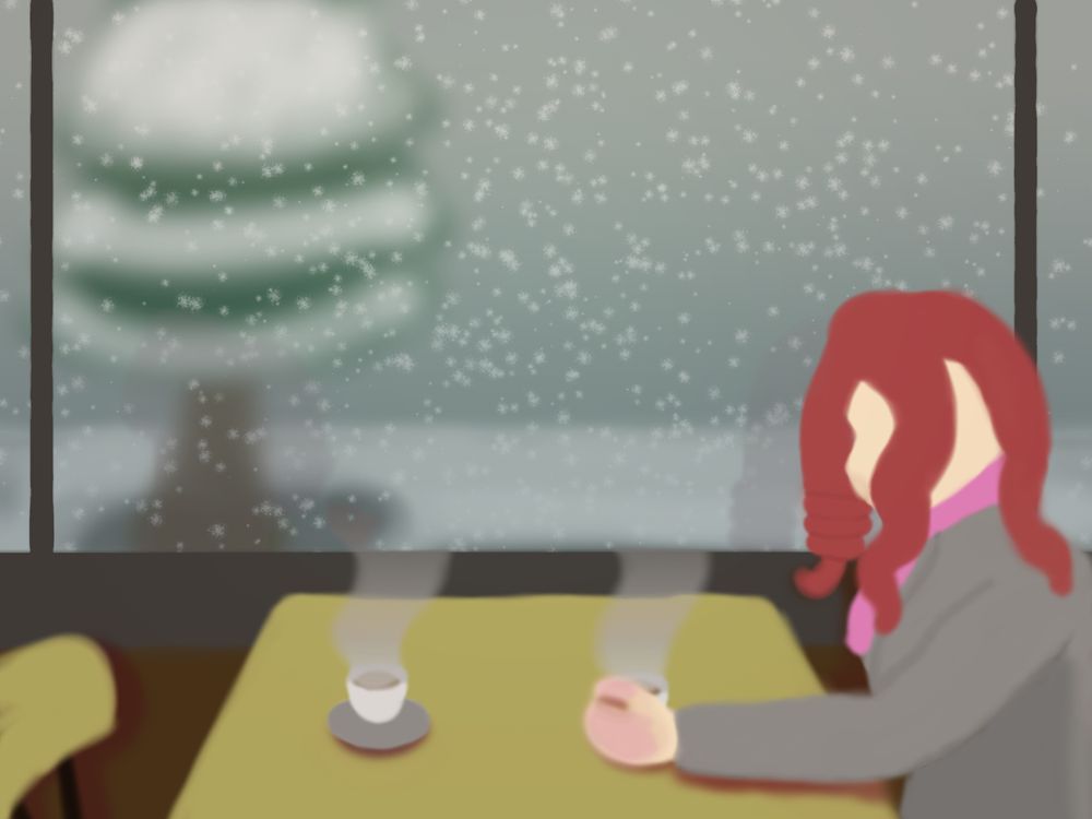 Aria sitting at a snowy cafe holding a cup of hot coffee. She sits with a friend who is holding her hand.