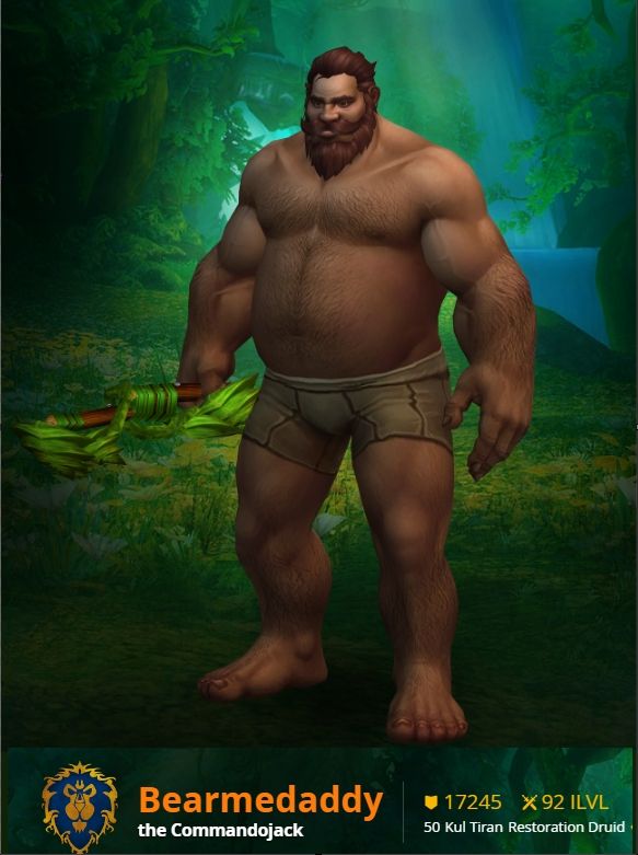 Male Kul Tiran Restoration Druid named Bearmedaddy. He is only in his undies. His weapon is a staff with leaves. Brown hair. Beard and mustache. Dude has no shoes.