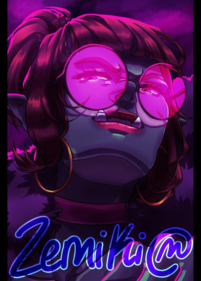 Orc OC. Neon Pink picture. She has her head tilted up while looking down at the viewer. Large circular pink tinted glasses on her face. Brown hair and large hoop earrings.