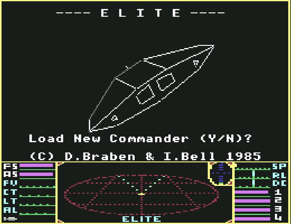 Screenshot title screen of C64 version of Elite video game. 