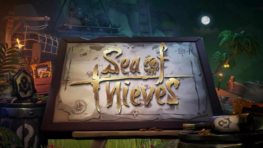 A map surrounded by various bottles, paintings and barrels sits in front of a dimly lit landscape. The moon peeks out from behind the clouds in the upper right-hand corner while a rowboat sits on the shore beneath it. "Sea of Thieves" is written in the center on top of the map. 