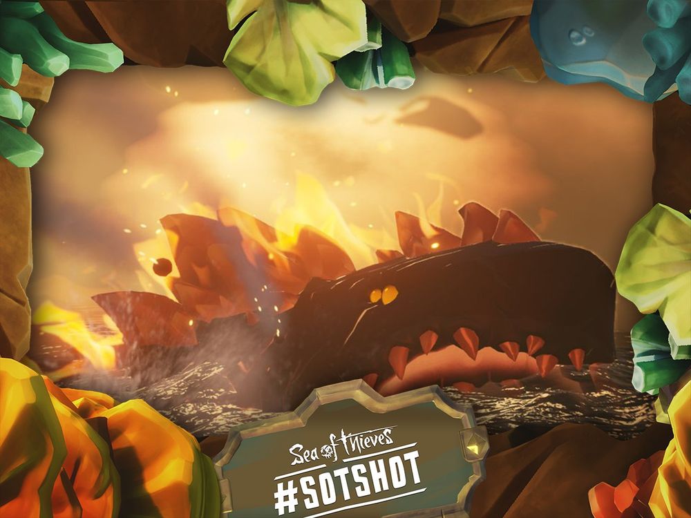 A framed screenshot of Sea of Thieves showing a fiery Megalodon framed against a setting sun.