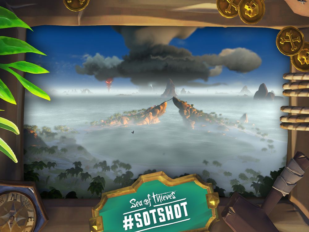 A framed screenshot of Sea of Thieves showing a foggy horizon stretching beyond an island towards rocks, storms, a fiery tornado and more...