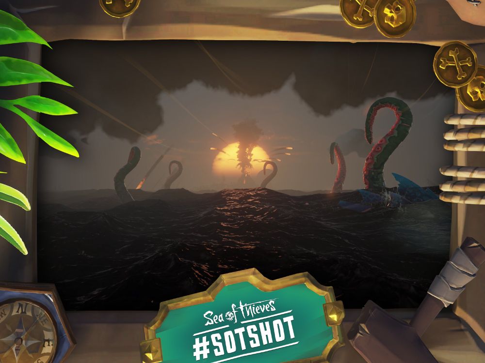 A framed screenshot of Sea of Thieves showing a shot of a sunset behind a active volcano behind a Kraken behind a Megalodon.