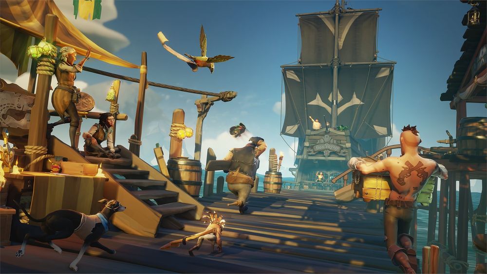 A dock scene of pirates stocking up their ship before setting out on an adventure!
