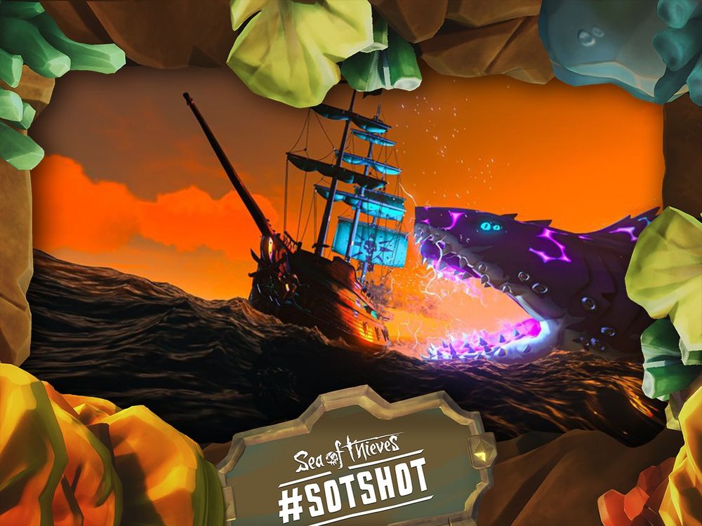 A framed screenshot of Sea of Thieves showing a Megalodon crackling with electricity taking a bite out the side of a ship.