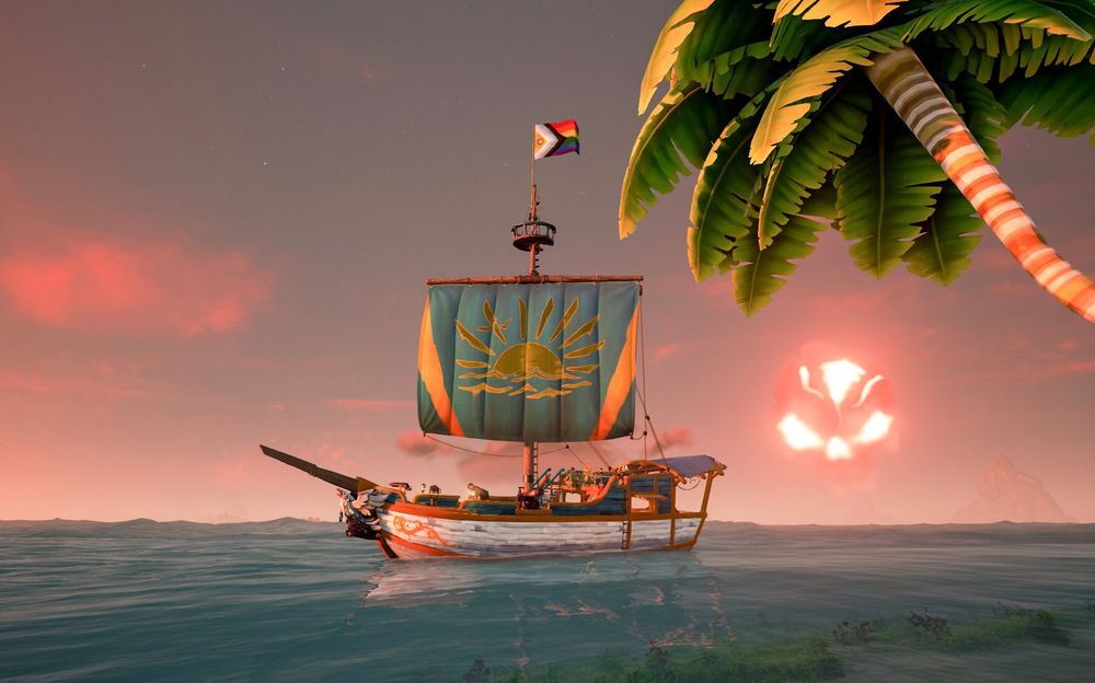 A ship sails on a calm sea, proudly flying a single blue sail with a golden sun at its centre, and two yellow lines running up either side of the sun. In the far distance, a skull-shaped cloud glows an ominous red.