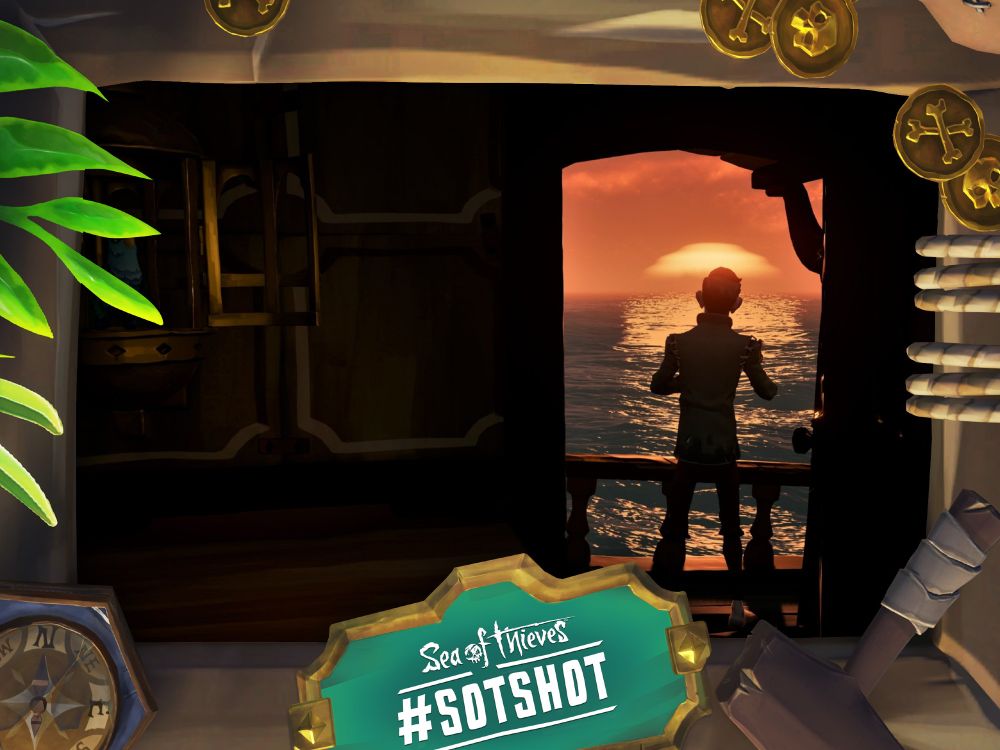 A framed screenshot of Sea of Thieves showing a pirate holding a hand to their heart while looking from their captain's cabin towards a sunset.