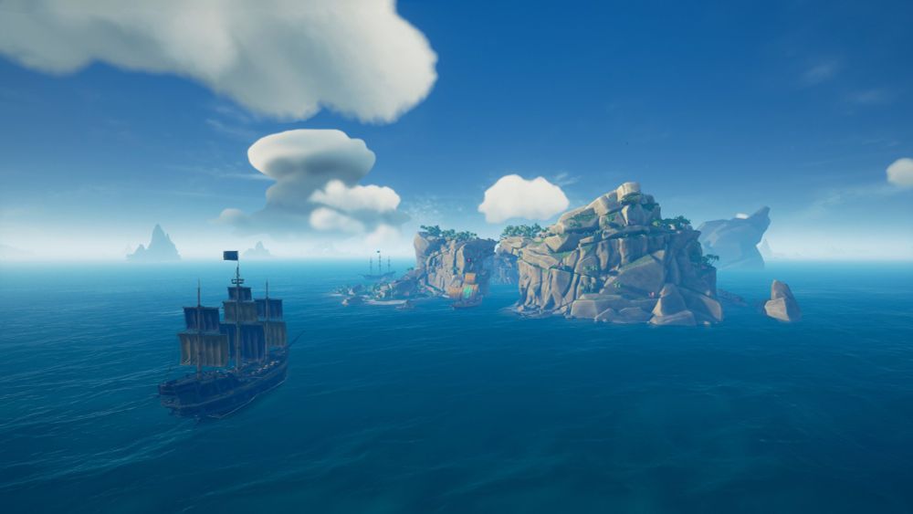 A Galleon sails on a blue sea towards an island. 