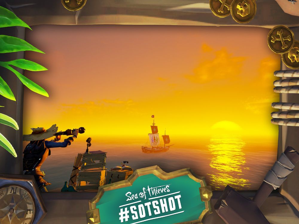 A framed screenshot of Sea of Thieves showing a pirate looking towards a vast horizon as a ship sails into the distance.