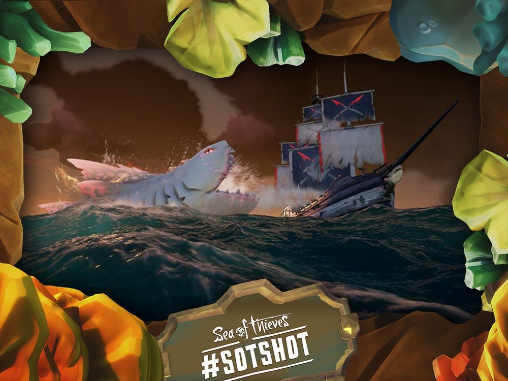 A framed screenshot of Sea of Thieves showing a large white and pink shark taking a bite out of a ship in similar colours.