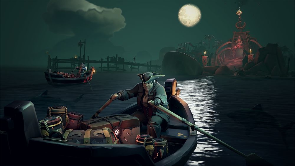 Two pirates row towards an ominous structure under moonlight, their rowboats full of treasure chests.