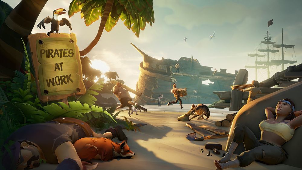 A scene of many pirates running supplies and planks towards a shipwreck on a tropical store, with a nearby sign reading 'Pirates at Work'. One pirate, however, is just having a snooze against a rock, and another appears passed out.