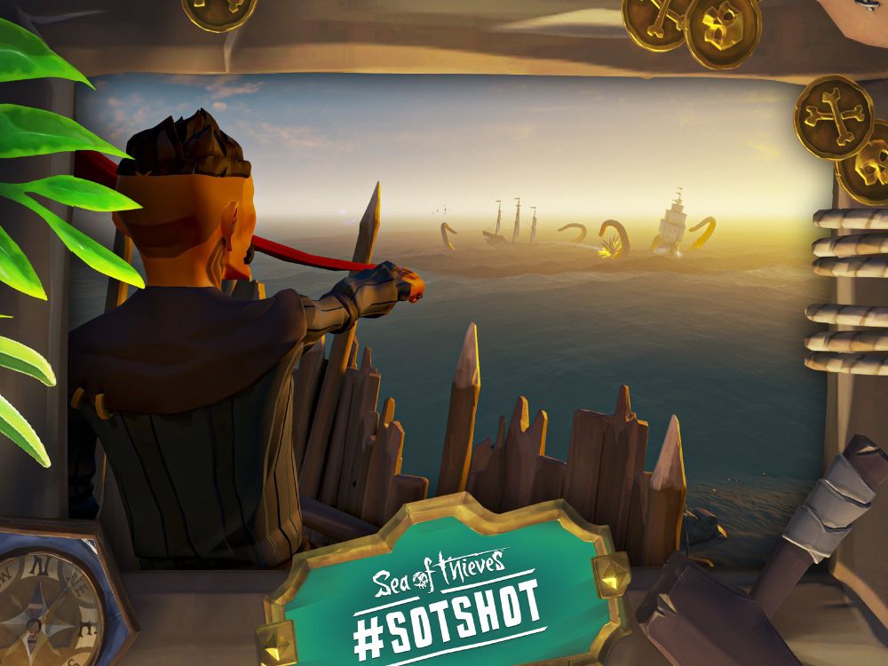 A framed screenshot of Sea of Thieves showing a pirate pointing towards two ships on the horizon under attack from a Kraken's tentacles.