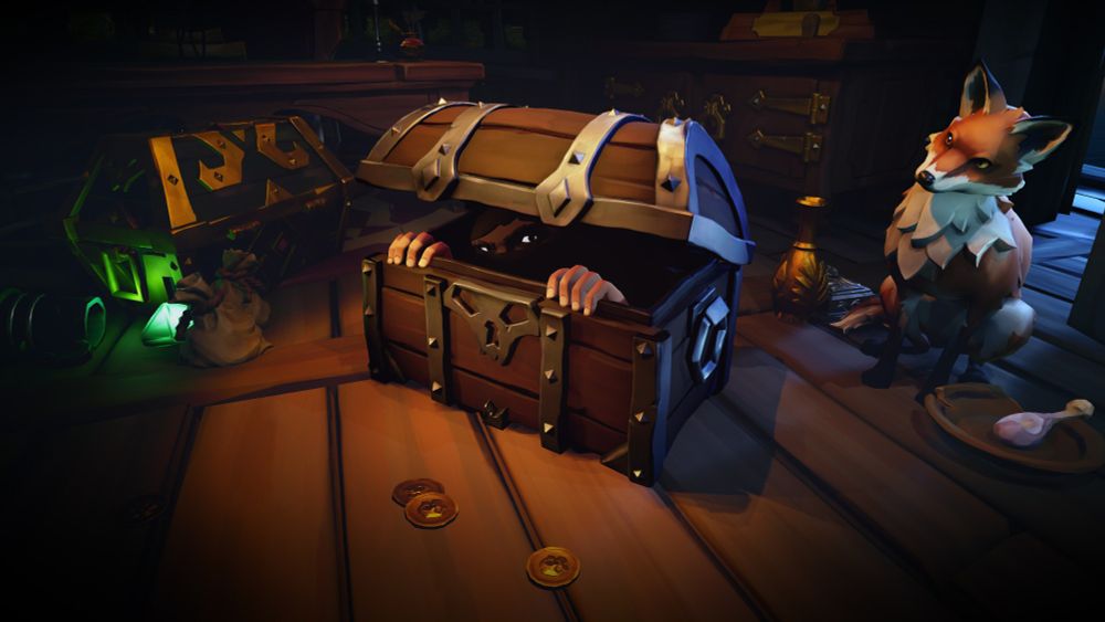 A chest is sat among plenty of treasure, and a fox. However, there's a pirate hiding in the chest, taking a peek at you from under the lid.