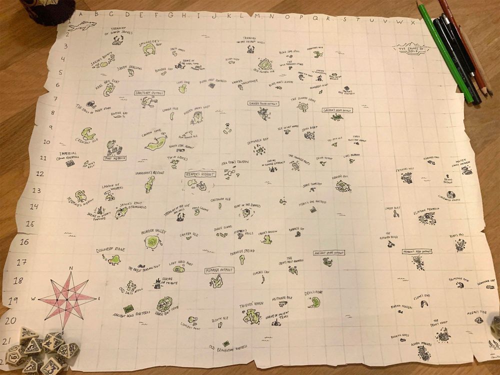 A large, hand-drawn map of the Sea of Thieves.