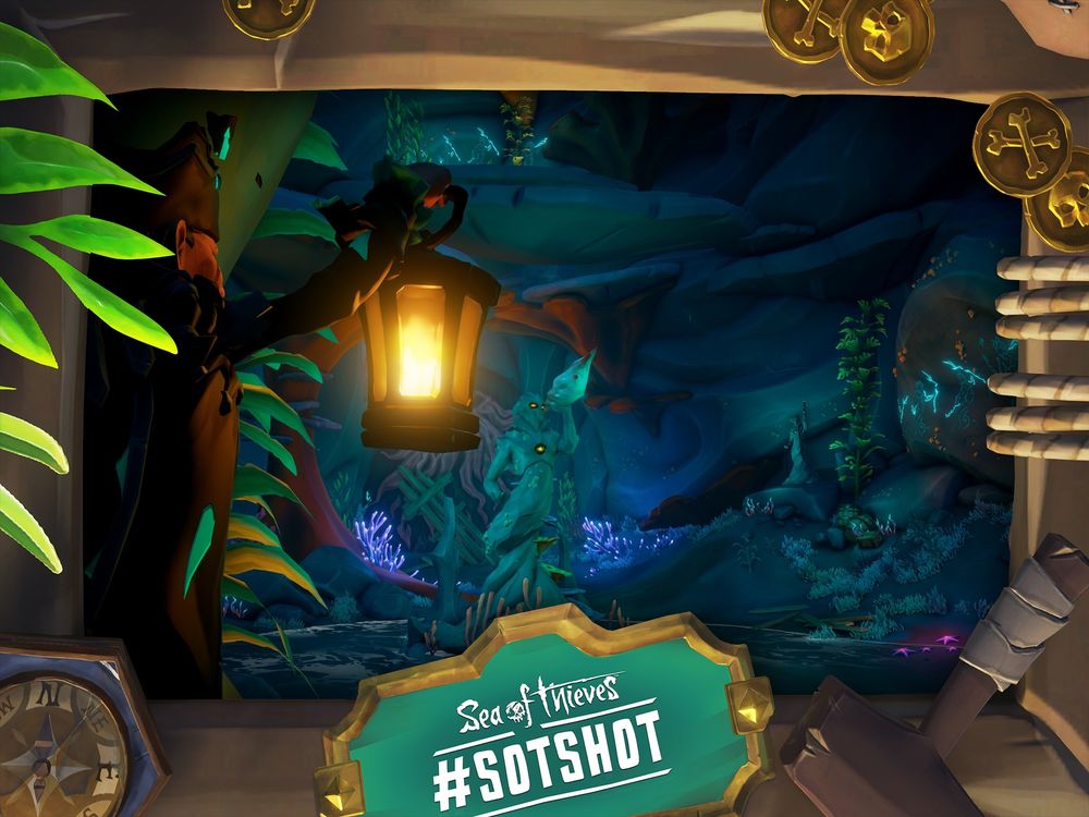 A framed screenshot of Sea of Thieves shows a pirate holding a lantern up to inspect an underwater cave with a huge statue at its centre.