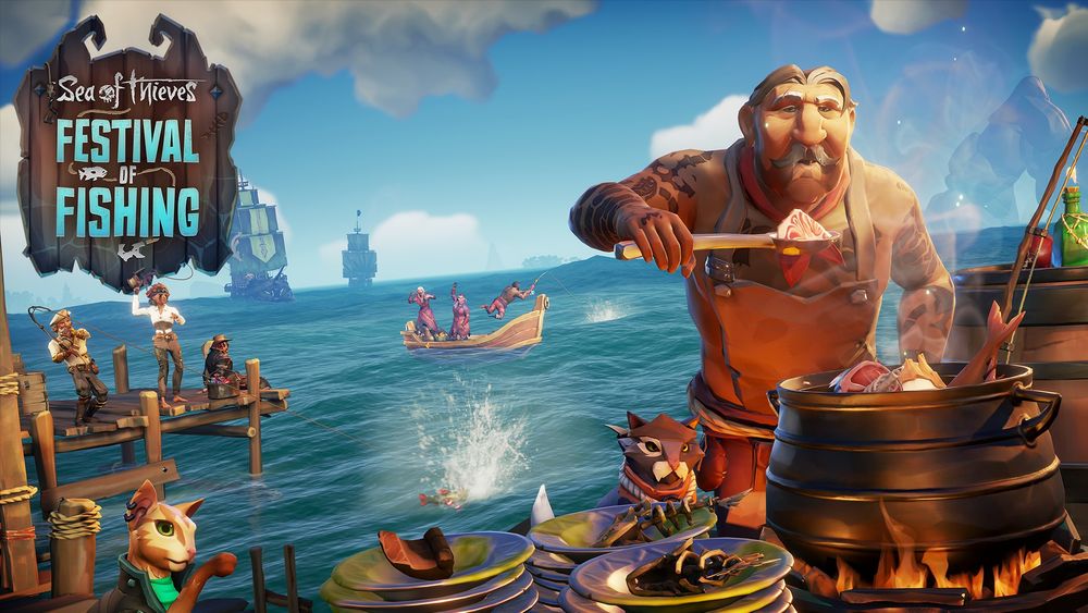 A pirate leans over a variety of pots cooking up a storm, holding a spoon up towards him to have a sniff. Text reads: "Sea of Thieves Festival of Fishing".