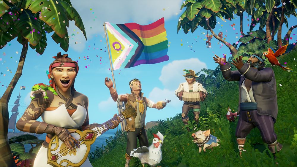 A group of pirates play instruments, dance and generally celebrate with confetti in the air while a Progress Pride Flag waves in the wind behind them.