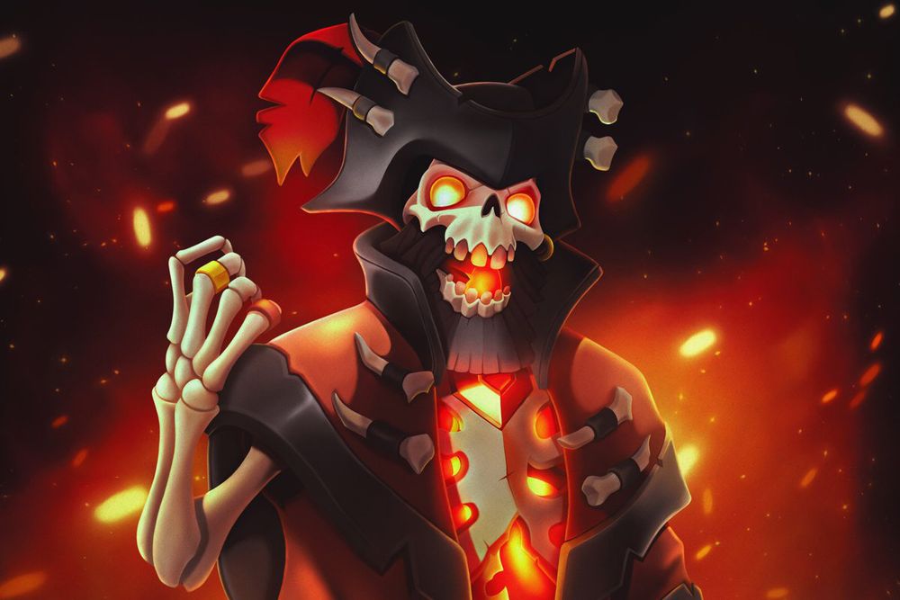 A piece of art depicting a triumphant Captain Flameheart from Sea of Thieves.