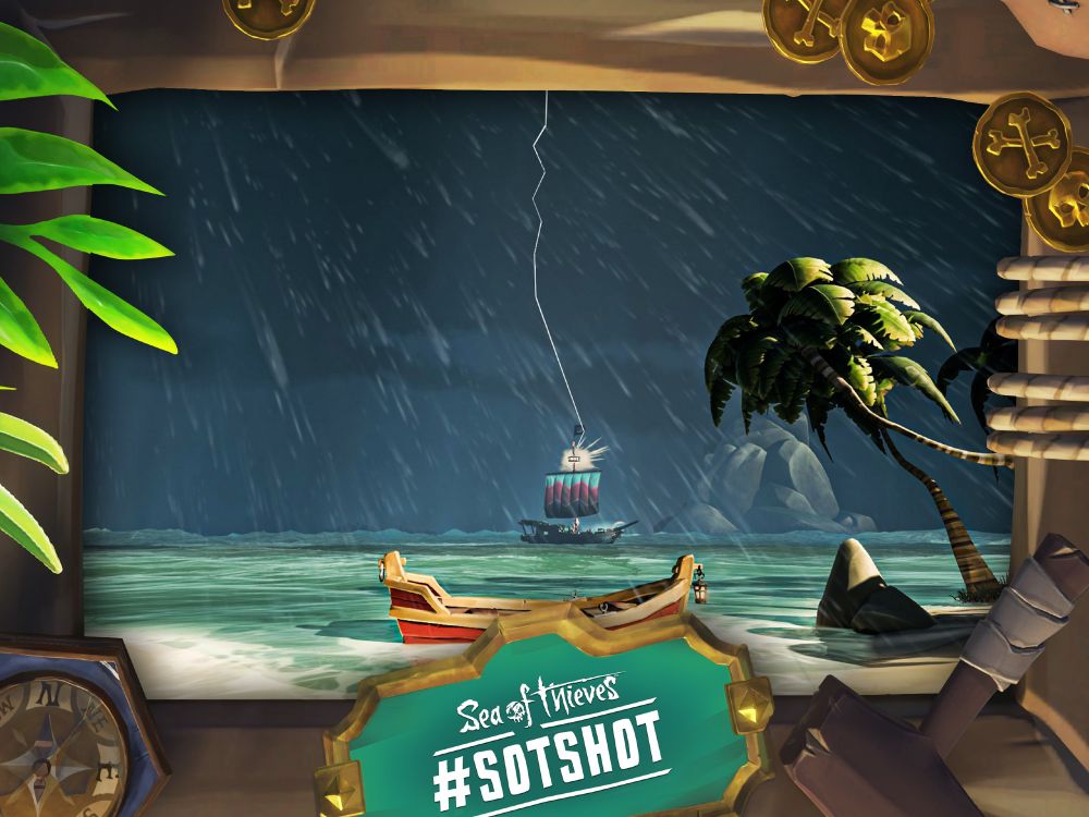 A framed screenshot of Sea of Thieves showing a far away ship in a storm, at the exact moment its mast is hit by lightning.
