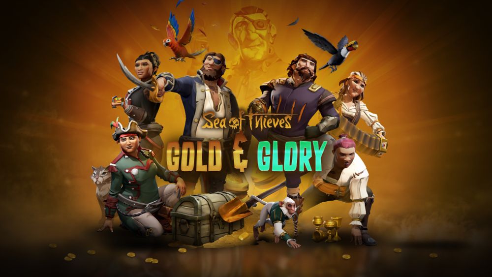A number of pirates and animals pose around the words 'Sea of Thieves Gold & Glory'.