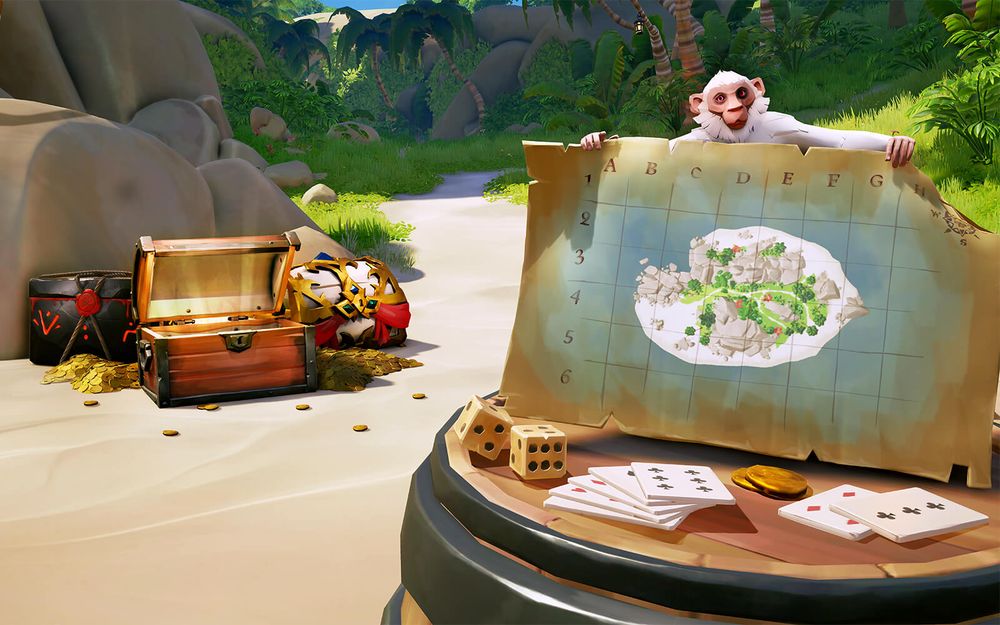 A monkey brandishes a map of an island towards you marked with a number of dig spots. Behind them, a small pile of valuable look glitters.