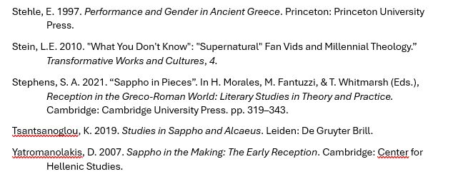 A screencap of an academic bibliography. Almost all of the entries are about the study of the poet Sappho, but one of them is about the fandom for the TV show Supernatural.