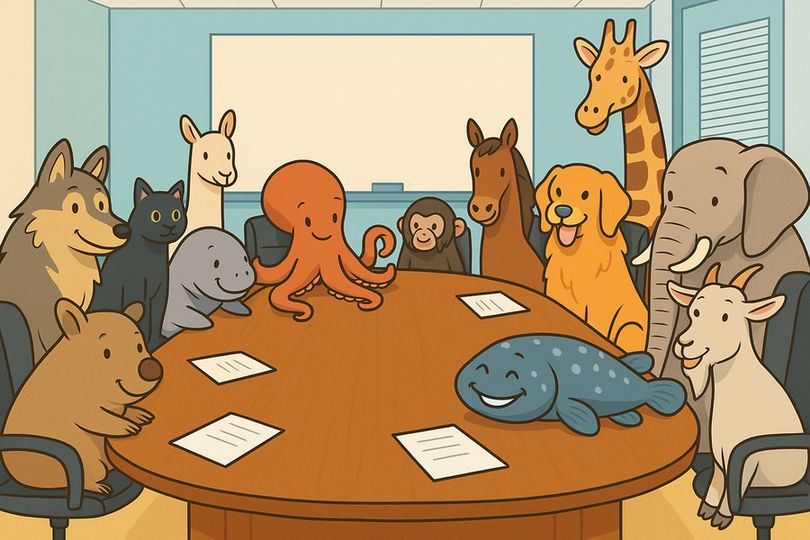 A group of animals sit around a boardroom table. From the left, going counterclockwise: A wombat, a wolf, a black cat, a manatee, a llama, an octopus, a howler monkey, a horse, a golden retriever, a giraffe, an elephant, a goat, and a coelacanth.