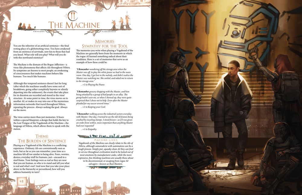 Interior spread showing a Vagabond of the Machine, flanked on the background by several automatons that seem to be making a grafitti standing for the rights of AI entities.