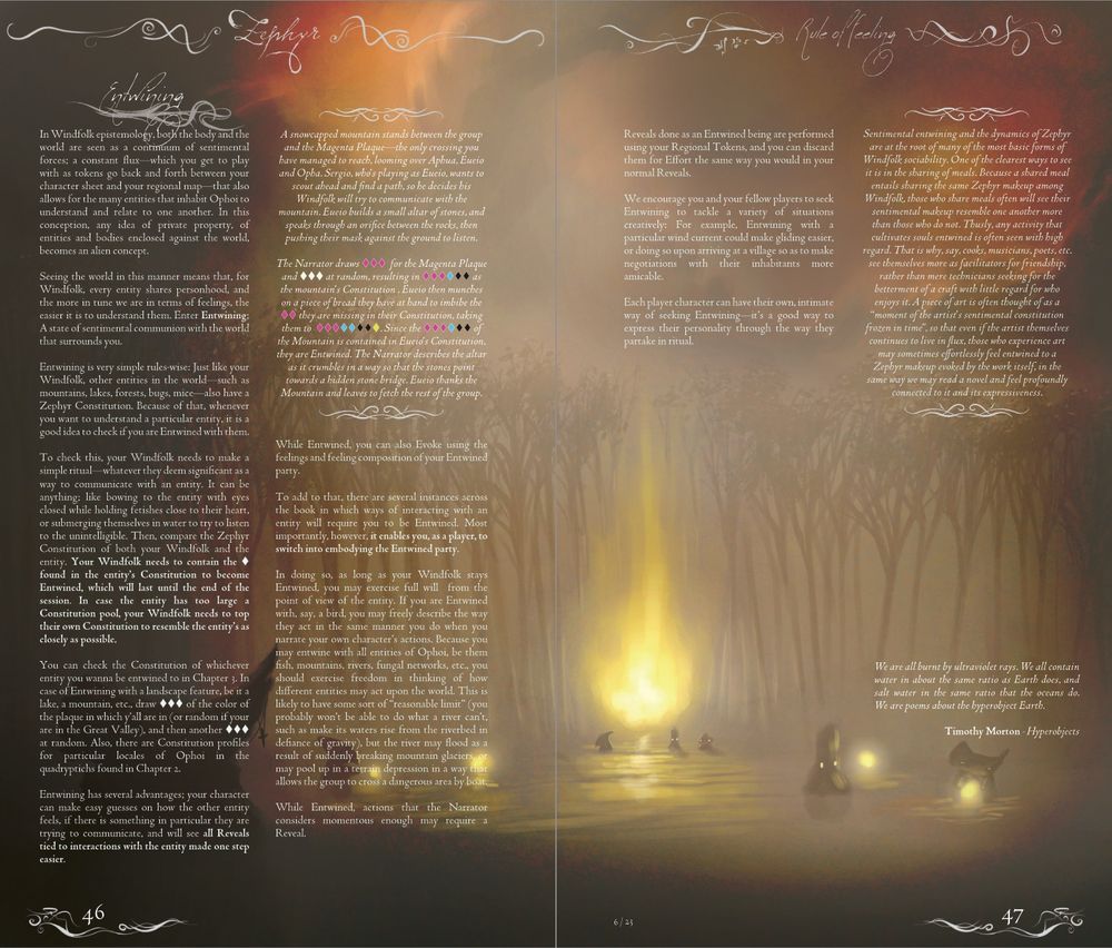 Zephyr interior spread where Windfolk are seen playing under the tinge of a red sunset, in a lake, toying with what seems to be lit fires on the water surface