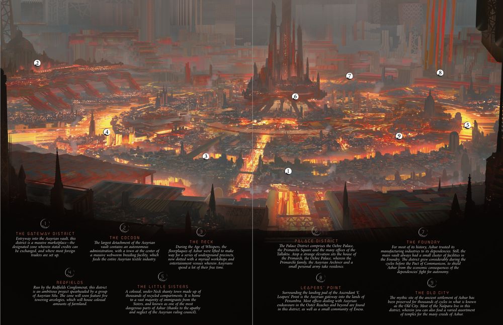 Nibiru spread showing the city of Ashur in all its splendor, with several references to neighbourhoods and landmarks across the two pages
