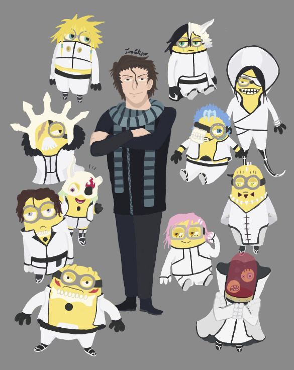 Digital drawing of Bleach character Aizen Sosuke as Gru from the movie "Despicable Me", and the ten espadas as minions.