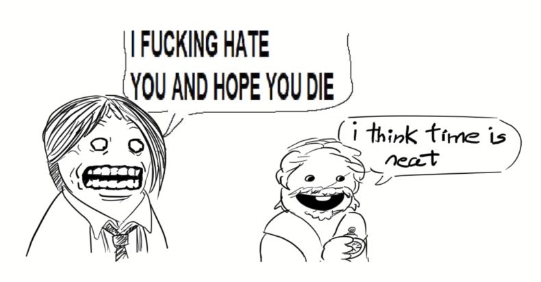 Black and white comic of an enraged woman (Aaliyah Davis) wishing death upon an elderly man afflicted with cancer (Francis Zach Morgan) for expressing his fondness for the concept of clocks and time.