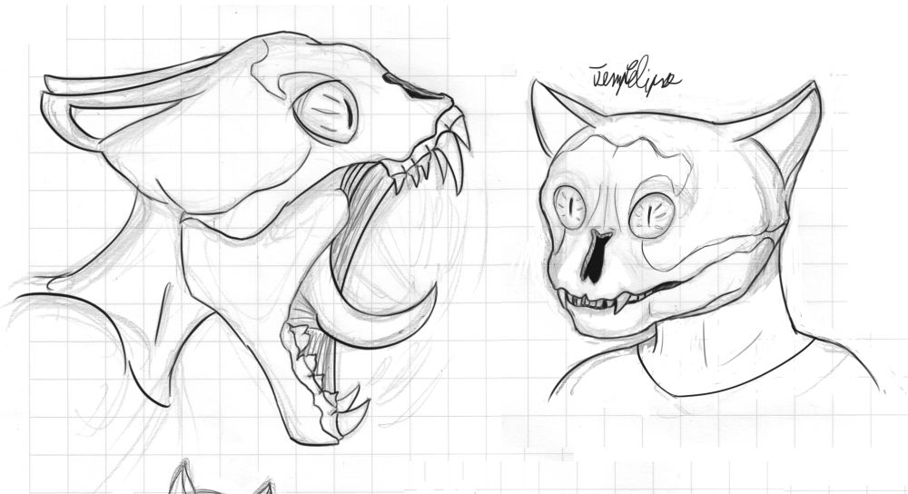 Pen and pencil drawings on grid paper of the head of a humanoid cat-monster woman.