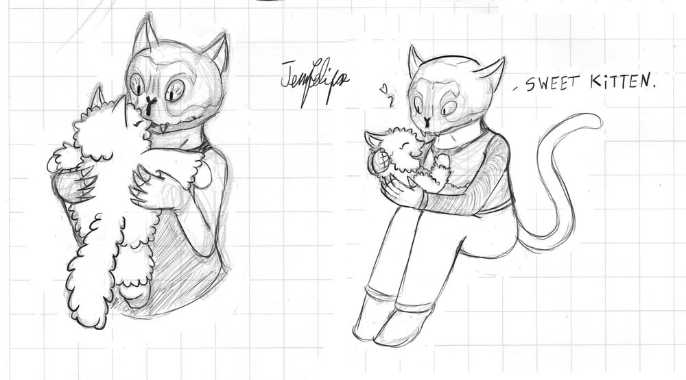 Pen and pencil drawings on grid paper of the head of a humanoid cat-monster woman, holding her fluffy kitten baby.