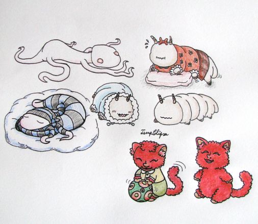Drawings in colored pencils of three different baby monsters. One of them is a light pink creature with red eyes and tentacle limbs, another a pink pudgy grub with no eyes, and another a red-furred kitten with a human nose. All three of them are show wearing cute baby clothes.