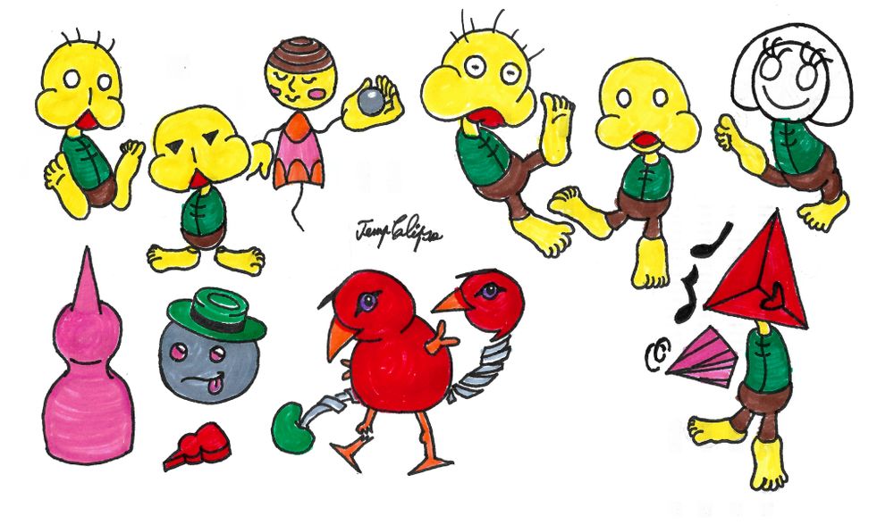 Various doodles made with felt markers, of different characters from the web-series Petscop.